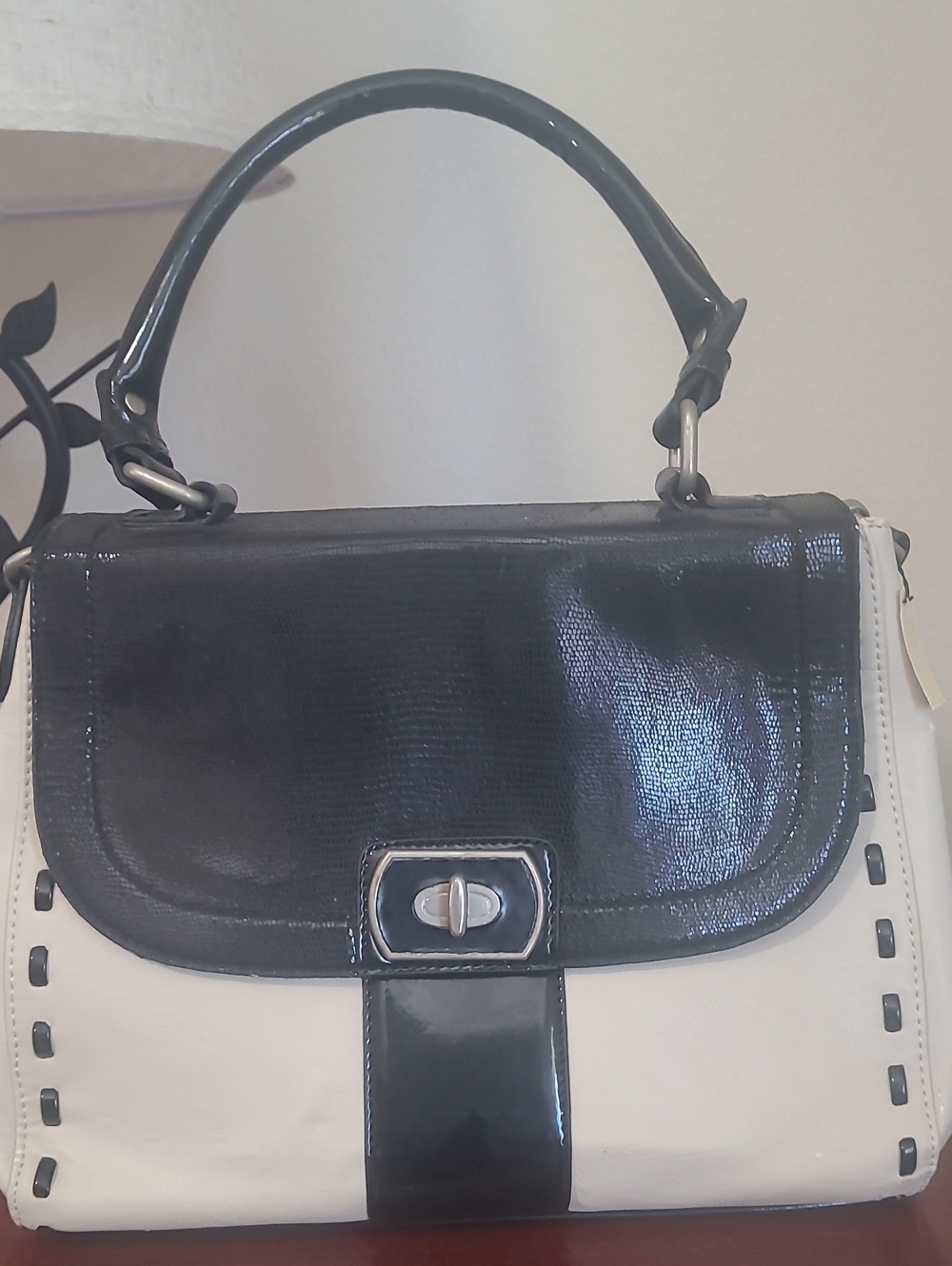 White House Black Market Black and White Patent Top-Handle Satchel